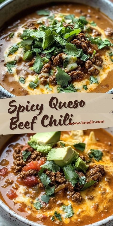 Craving something bold and comforting? Try this Spicy Queso Beef Chili recipe! 🌶️🍲 With savory ground beef, gooey queso cheese, and a kick of heat, this chili is the perfect meal for chilly evenings or game days. 🏈🔥 It’s easy to make, packed with flavor, and sure to satisfy the whole family. Serve it with tortilla chips or cornbread for the ultimate chili experience. 😋 Quick, hearty, and full of comfort! #SpicyChili #BeefChili #QuesoChili #ChiliRecipe #ComfortFood Spicy Crockpot Chili, Chorizo Chili Recipe, Beef Chili Crockpot, Unique Chili Recipes, Spicy Queso, Ground Beef Chili, Chicken Breast Crockpot Recipes, Beef Chili Recipe, Cozy Dinners