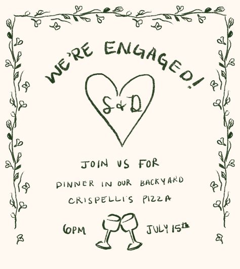 Hand-drawn engagement dinner invite by me! #invitation #engagement #dinnerparty #invite We’re Getting Married Announcement, Engagement Party Stationary, Engagement Party Ideas Rustic, Hand Drawn Invitations Wedding, Engagement Dinner Invitations, Engagement Party Invite Ideas, Elopement Dinner Party, Engagment Annoucment, Engagment Invites Cards