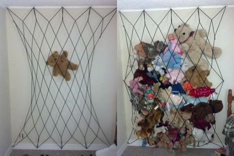 Diy Hanging Stuffed Animal Storage, Cargo Net Stuffed Animal Storage, Stuffed Animal Storage Diy, Elsa Bedroom, Teddy Storage, Playroom Essentials, Too Many Toys, Storing Stuffed Animals, Stuffed Animal Net