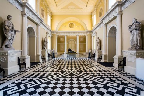 Black And White Floor Tiles, White Floor Tiles, Black And White Floor, Doric Column, Great Hall, White Floor, Stately Home, Entrance Hall, Neoclassical