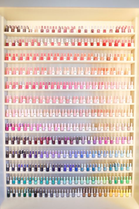 Dnd polish wall Nail Polish Salon Display, Nail Salon Polish Display, Floating Nail Polish Shelves, Nail Polish Swatch Display, Nail Salon Nail Polish Rack, Lash Tint And Lift, Dnd Polish, Nail Polish Wall, Kids Manicure