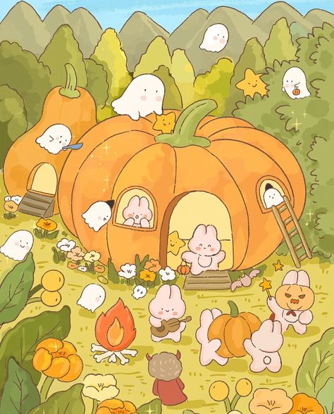 Notion Fall Aesthetic, Cute Fall Illustration, Kawaii Forest, Fall Anime, Fall Drawings, Animal Doodles, Autumn Illustration, Digital Art Beginner, Hello Kitty Drawing