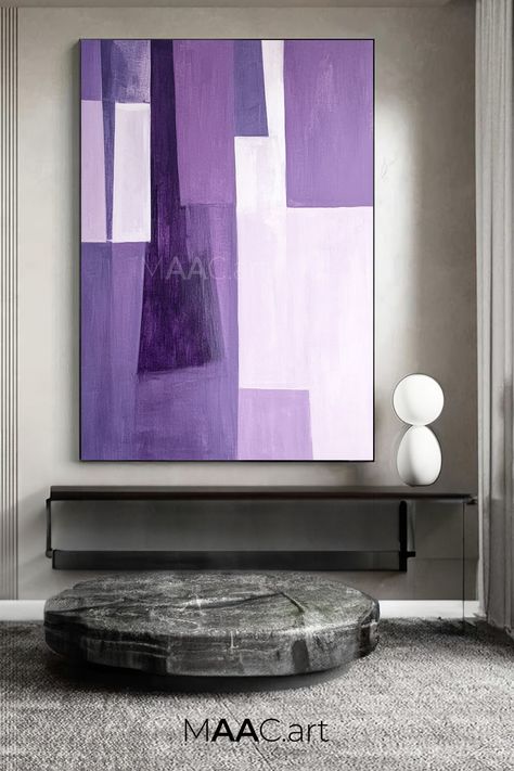 Original handmade purple abstract painting with geometric shapes in various shades, customizable sizes for modern wall art Purple Abstract Painting, Purple Art Abstract, Modern Acrylic Painting, Purple Abstract, Contemporary Interiors, Unique Artwork, Shades Of Purple, Geometric Art, Abstract Wall