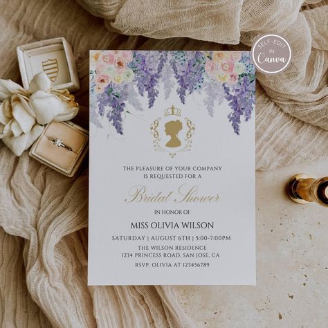 Bridgerton Bridal Shower Invitation, Victorian Wedding Shower Invite Template, Vintage Wisteria Floral Bridal Shower, Regency Era, Editable Bridgerton Invitation Ideas, Bridgerton Invitation, Bridgerton Dresses, Engagement Party Decorations Diy, Brides Chair, Holiday Table Centerpieces, Wedding Shower Invitations, Victorian Wedding, Dress Guide