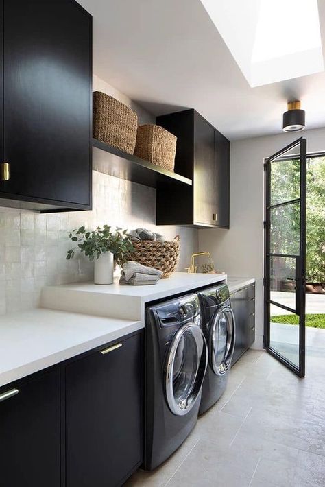 Just Decorate! | Beautiful laundry room 🖤 | Facebook Laundry Room Ideas Black Appliances, Laundry Room Black Washer And Dryer, Black Countertop Laundry Room, Black Washer Dryer Laundry Room, Laundry Room Ideas Black Washer, Black Cabinet Laundry Room, Black Washer And Dryer, Black Washer Dryer, Top Loader Laundry Room