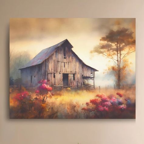 Fall Old Barn Watercolor Style Painting Print Autumn Landscape Rural Wall Art Country Road Farmhouse Decor Canvas Gallery Wraps - Etsy Old Barns Rustic Paintings, Old Barn Paintings, Autumn Countryside, Farm Prints, Office Rustic, Watercolor Barns, Wall Art Country, Barn Wall Art, Barn Art