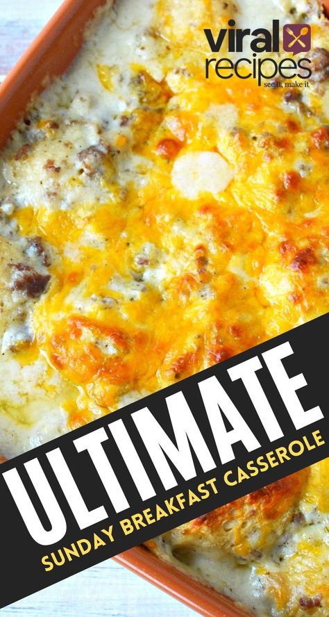 Ultimate Sunday breakfast casserole with biscuits and gravy, ground sausage and hash browns – loaded for a filling incredible viral breakfast recipe! This Ultimate Sunday Breakfast Casserole Recipe combines eggs, biscuits, sausage, and hash browns. This crowd-pleasing recipe is totally indulgent and incredibly filling; this crowd-pleasing recipe is fantastic to serve on holiday mornings. @EasyViralRecipes #breakfastcasserole Casseroles With Biscuits, Casserole With Biscuits, Breakfast Gravy, Recipe With Sausage, Sausage Hashbrown Breakfast Casserole, Ground Sausage Recipes, Breakfast Casserole With Biscuits, Breakfast Potato Casserole, Breakfast Sausage Recipes