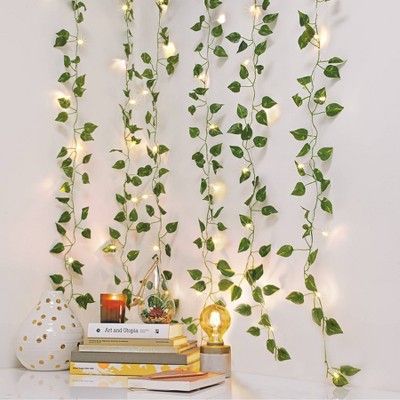 Green String Lights, Amber Room, Desk Bed, Leaf Curtains, Led Curtain, Battery String Lights, Curtain String Lights, Faux Leaf, White Light Bulbs