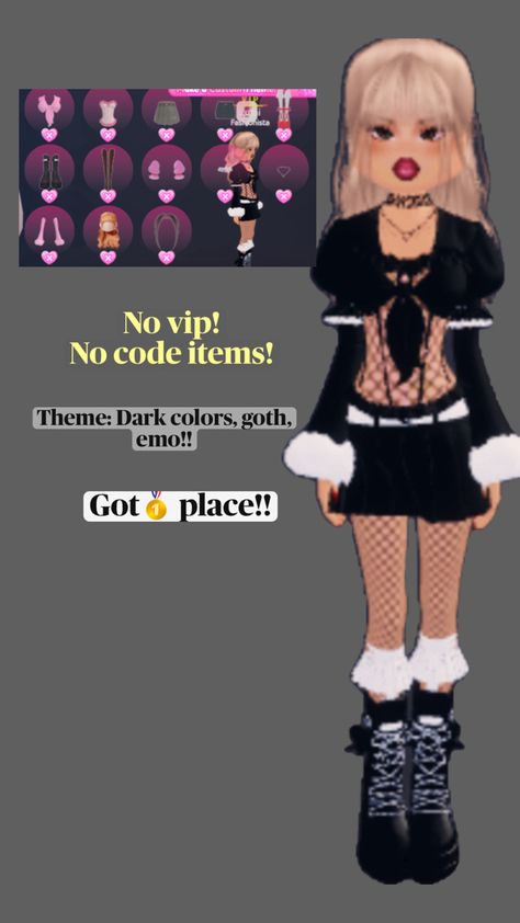 Dress to impress outfit idea for goth emo,dark colors!! No vip,no code items! 1st place! Emo Dark, Emo Dresses, 1st Place, No Code, Emo Goth, Colourful Outfits, Outfit Idea, Dark Colors, Dress To Impress