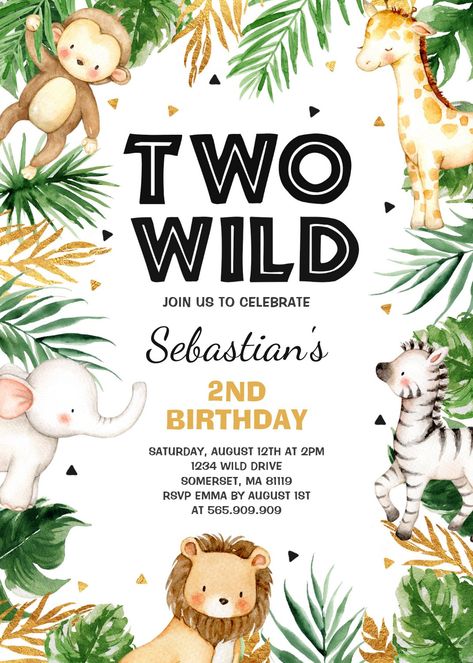 Two Wild 2nd Birthday Party Safari Animals Party safari jungle birthday gold safari party wild animal birthday in two the wild 2nd birthday party two wild safari party safari birthday boy 2nd birthday party Safari Animal Party, Birthday Party Safari, Animal Party Invitations, Safari Invitation, Safari Invitations, Wild One Birthday Invitations, Animals Party, Two Wild, 1st Birthday Party Invitations