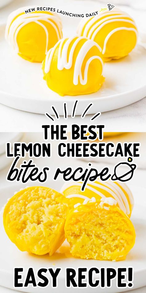 Lemon Cake Pops Easy, Lemon Cake Balls Recipe, Cheesecakes Bites, Lemon Cake Balls, Lemon Cheesecake Bites, Lemon Desert, Lemon Cake Pops, Cake And Cheesecake, Mini Lemon Cheesecakes