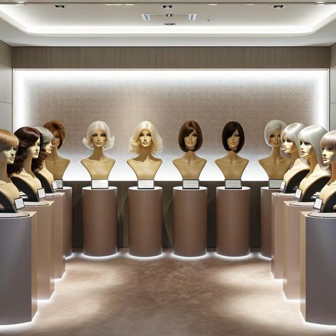 #wigs near me #human hair wigs #u nice hair #wigs  Step into elegance with our upscale wig boutique, where sophistication meets modern aesthetics. Showcasing a diverse array of human hair wigs, each styled and colored to perfection, our boutique boasts a luxurious interior. Mannequins are impeccably displayed on matte-finished pedestals under warm, focused ceiling lights, giving each wig a gallery-like prominence. From classic brunettes to avant-garde platinum tones, our selection is designed to cater to your unique style. Experience the exclusivity of u nice hair in the perfect boutique for finding wigs near you. Wig Closet, Wig Mannequin, Wig Boutique, Wig Display, Raquel Welch Wigs, Luxurious Interior, Nice Hair, Effortless Beauty, Raquel Welch