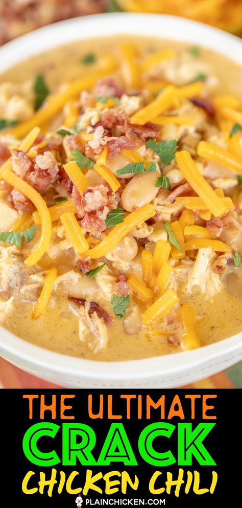 The Ultimate Crack Chicken Chili - the BEST of the BEST White Chicken Chilis! SO good and ready to eat in under 20 minutes! Rotisserie chicken, white beans, corn, green chilies, chicken broth, ranch dressing mix, bacon, cumin, chili powder, half-and-half, cheddar cheese. Top with some sour cream and extra cheese. Makes a ton. Freeze leftovers for a quick meal later. #soup #chili #chickenchili #bacon Smoked Chicken Chili White Beans, Freeze Leftovers, Slow Cooker Steak, Soup Chili, Food Knowledge, Crockpot Ideas, White Chili Chicken Recipe, Chicken Crockpot, Chicken Chili Recipe