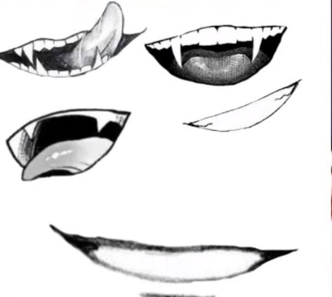 Smirking Mouth Drawing, Seductive Face Expression Drawing, Smile With Fangs Drawing, Fang Smile Drawing, Demon Smile Drawing, Wink Pose Reference, Vampire Mouth Drawing Anime, Villain Smile Reference, Smirk Mouth Drawing