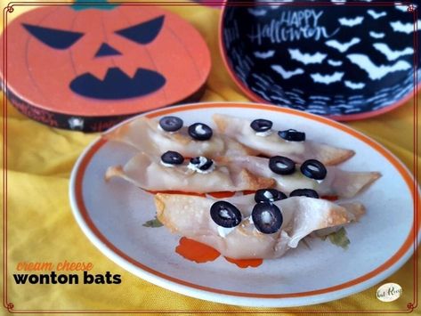 Wonton Bats, Gluten Free Wonton Wrappers, Halloween Party Recipes, Mummy Cookies, Halloween Rice Krispie Treats, Halloween Party Appetizers, Cheese Wontons, Cream Cheese Wontons, Olive Relish