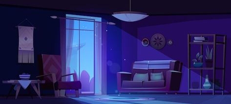 Living room with sofa and chair at night... | Free Vector #Freepik #freevector #interior #living-room #living-room-illustration #room-illustration Room At Night Illustration, Night Room Drawing, Apartment Drawing Room, Night Room Illustration, Cartoon Room Background, Dark Room Drawing, Dark Room Illustration, Sofa Illustration, Dark Lounge