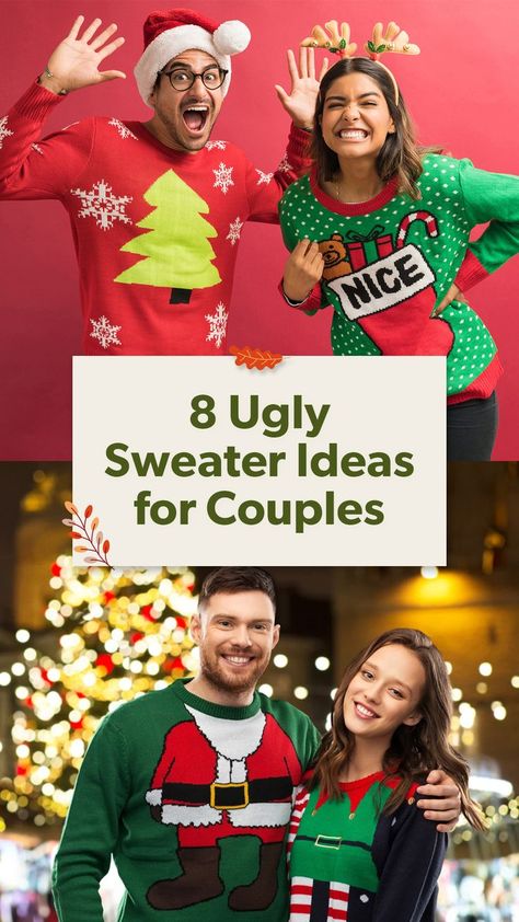 Want to stand out this holiday season? These 8 funny and creative ugly sweater ideas for couples are sure to make you the life of the party! #ChristmasCouple #HolidayOutfits #CoupleChristmasOutfits Diy Ugly Xmas Sweater Couples, Diy Couples Ugly Christmas Sweater Ideas, Couples Ugly Sweater Ideas, Ugly Sweater Ideas For Couples, Couples Ugly Christmas Sweaters, Ugliest Christmas Sweater Ever, Couples Christmas Sweaters, Diy Christmas Sweater, Ugly Christmas Sweater Ideas