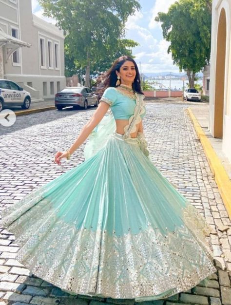 Hindi Traditional Dress, Pastel Color Dresses Indian, Prom Lengha, Hindi Outfit, Turquoise Lengha, Pastel Lengha, Aesthetic Lehenga, Blue Indian Dress, Traditional Poses