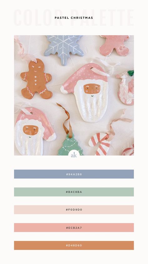 Soft, Pastel Christmas Color Palette // French Blue, Seafoam Green, Blush, Ginger // akulakreative.com Christmas Colour Schemes Inspiration, Purple Christmas Color Palette, Pastel Christmas Crafts, Colorful Christmas Palette, Christmas Color Palette Pink, Christmas 2024 Color Palette, Soft Christmas Color Palette, Holiday Colour Palette, Pastel Christmas Palette