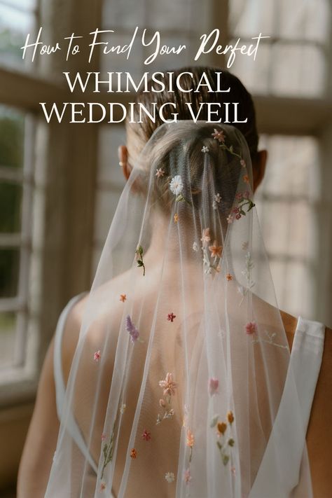 an image of a bride wearing and embroidered wildflower wedding veil in drop style version with the text whimsical wedding veils and how to find the perfect veil Colourful Wedding Veils, Wedding Hood Veil, Boho Wedding Veils, Wedding Veils With Flowers, Colored Wedding Veil, Diy Veil Wedding, Floral Veils, Wedding Veil Ideas, Unique Veils