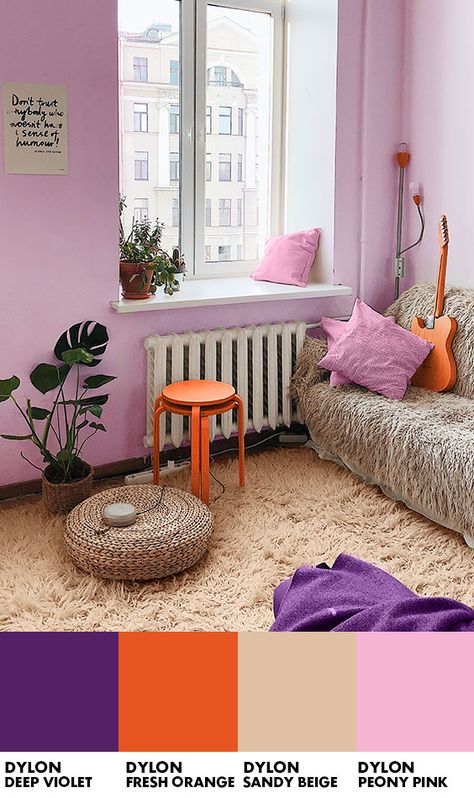 Lavender And Orange Living Room, Purple And Peach Bedroom, Lilac Kids Bedroom, Purple And Orange Bedroom, Purple Bedroom Paint, Purple And Yellow Bedroom, Orange Kids Rooms, Pink And Purple Bedroom, Lilac Walls