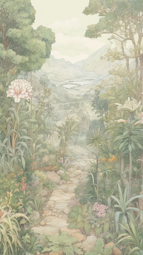 Decorate your iPhone and Android with this gentle, vintage jungle path, a calm wallpaper that invites you to nature's soft palette. 🌸 Earthy Backgrounds Aesthetic, Garden Of Earthly Delights Wallpaper, Vintage Wallpaper Android, Gardencore Wallpaper, Soft Green Background Aesthetic, Nature Aesthetic Lockscreen, Home Screen Wallpaper Aesthetic Vintage, Wallpaper Indie Vintage, Calm Phone Wallpaper