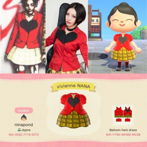 Animal crossing designs NANA animation’s wearing Vivienne Westwood costume Nana Animal Crossing, Acnh Nana, Animal Crossing Designs Clothes, Animal Crossing Dress Pattern Pixel, Animal Crossing Chanel Clothes, Animal Crossing Chanel, Animal Crossing Fashion, Nana Vivienne Westwood, Vivienne Westwood Nana