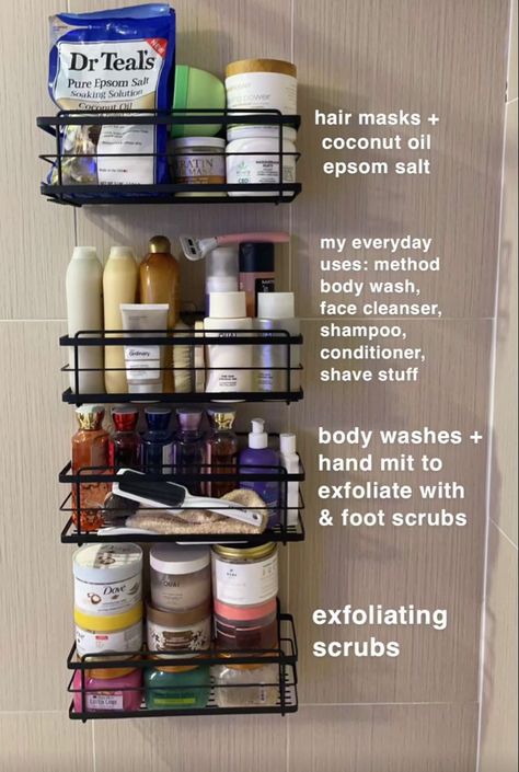 Organize Self Care Products, Bathroom Body Wash Storage, Aesthetic Shower Organization, Body Care Organization, Hair Care Organization, Shower Products Aesthetic, Aesthetic Shower Products, Shower Organization, Hygiene Care