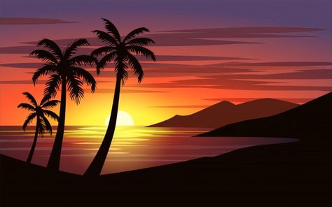 Beach Vector Art, Grassland Landscape, Beach Landscape Art, Palm Tree Background, Drawing Sunset, Beach Silhouette, Background Tree, Easy Landscape, Hindi Calligraphy