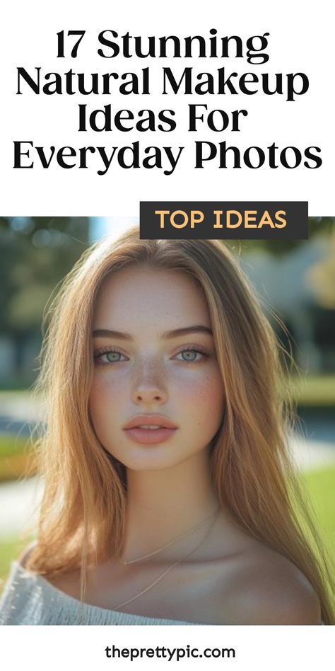 Young woman with natural makeup, light freckles, and long hair, with text overlay: "17 Stunning Natural Makeup Ideas For Everyday Photos". Natural Lip Shades, Natural Makeup Ideas, Everyday Photos, Natural Everyday Makeup, Fresh Makeup, Everyday Makeup Routine, Natural Eyeshadow, Makeup Mistakes, Lots Of Makeup