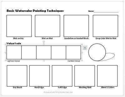 Basic Watercolor Painting Techniques Worksheet - Create Art with ME Basic Watercolor Painting, Watercolor Worksheet, Painting Sheets, Art Ideas Painting, Art Handouts, Teaching Watercolor, Watercolor Art Ideas, Basic Watercolor, Watercolor Face