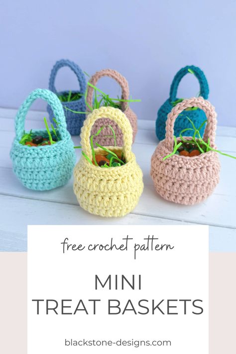 Mini Crochet Treat Baskets Free Pattern - Blackstone Designs Crochet Patterns Small Easter Crochet Patterns, Crochet Mini Easter Basket, Crochet Easter Basket Free Pattern, Crochet Easter Basket Pattern, Diy Crochet Basket, Easter Basket Pattern, Crochet Quilt Pattern, Crochet Easter Basket, Easter Patterns