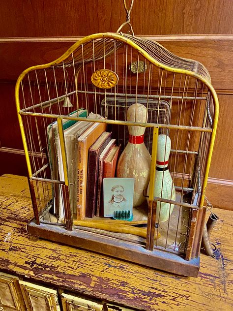 Rustic Bird Cage Decor, Decorating With A Bird Cage, Birdcage Decorating Ideas, Vintage Bird Cage Decor Ideas, Birdcage Upcycle, Antique Bird Cage Decor Ideas, Repurposed Bird Cage Ideas, Vintage Bird Cage Decor, Bird Cage Ideas