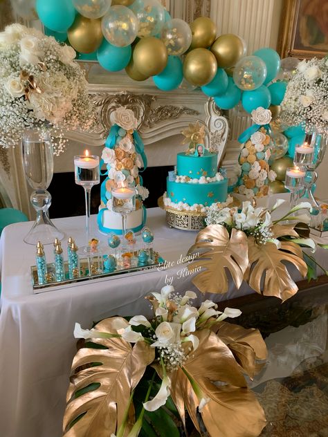 Turquoise White And Gold Party Decorations, Teal And Gold Birthday Party Decoration, Teal White And Gold Party Decorations, Teal Gold Birthday Decorations, Tourquise Birthday Decor, Yellow Birthday Parties, Tiffany Blue Weddings, 50th Birthday Party Decorations, Yellow Birthday