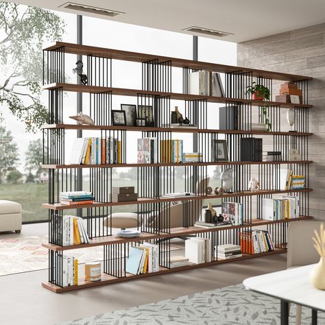 Mylotus-Home Antique Walnut Color Display and Storage Iron Bookshelves - 86.2" H x141" W x11.8"D - Bed Bath & Beyond - 39904400 Shelves As Dividers, Whole Wall Shelving, See Thru Shelves, Feature Wall Shelves, Bookshelves Divider, Open Book Case Room Divider, Open Bookcase Room Divider, Vertical Book Shelf Ideas, Bookshelves Partition