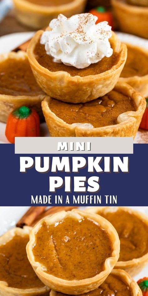 Mini Pumpkin Pies are made in a muffin tin! This easy recipe uses sweetened condensed milk and couldn't be more simple - it's an easy portable pumpkin pie. We love these with whipped cream! Pumpkin Tarts Easy, Pumpkin Pie Tarts Mini, Pumpkin Pie Tarts Easy, Pumpkin Tarts Mini, Tiny Deserts, Pumpkin Pie Tarts, Individual Pumpkin Pie, Mini Pumpkin Pies Recipe, Pie Recipe Easy