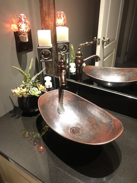 Copper Sink Care, Copper Vessel Sinks, Copper Sink Bathroom, Bathroom Sink Decor, Copper Vessel, Copper Bathroom, Washbasin Design, Basin Design, Downstairs Bathroom