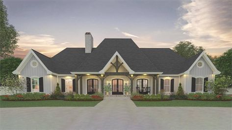 3-Bedroom French Farmhouse Style Single-Story Home for a Corner Lot with a Large Front Porch Farmhouse Home Plans One Story, Beautiful One Story Homes, One Story French Country House Plans, 3 Bedroom Mountain House Plans, Farmhouse Style House Plans One Story, New House Plans 2023, French Farmhouse Plans, One Story House Plans With Basement, Traditional House Plans One Story