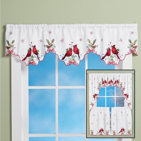 Embroidered Cardinals Window Curtain Collection | Collections Etc. Embroidered Snowflakes, Red Snowflakes, Christmas Accents, Kitchen Curtain, Valance Window Treatments, Branch Decor, Window Bed, Red Curtains, Collections Etc