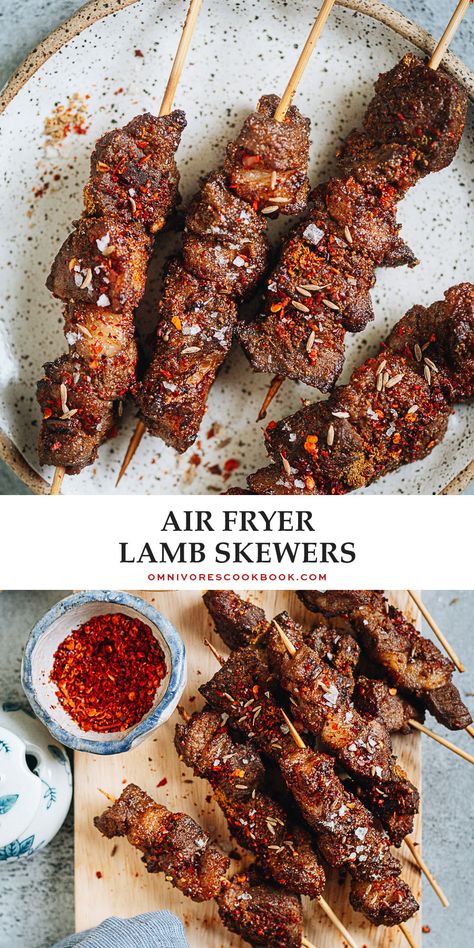 Make authentic Chinese lamb skewers using an air fryer to create perfectly charred lamb pieces that are juicy and seasoned with a bold savory spice mix. The dish takes no time to put together and it’s so fun to eat either as an appetizer, a snack, or a part of the main course of your grilling party! {Gluten-Free adaptable} Grilling Party, Lamb Kabobs, Leftover Lamb, Cumin Lamb, Savory Spice, Lamb Kebabs, How To Cook Lamb, Lamb Skewers, Skewer Recipes