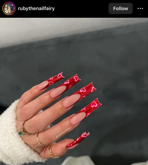 Valentine Nails Pink, Vday Nails, Valentines Day Nails, Red Acrylic Nails, Nail Designs Valentines, Long Acrylic Nails Coffin, Long Acrylic, Red Nail, Square Acrylic Nails