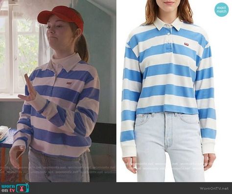 Kirsty’s blue stripe rugby top on The Baby-Sitters Club. Outfit Details: https://wornontv.net/247526/ #TheBaby-SittersClub Kristy Babysitters Club Outfits, Babysitters Club Costume, Babysitters Club Outfits, Kristy Thomas, Movie Behind The Scenes, Sophie Grace, Baby Sitters Club, Bright Young Things, Babysitters Club