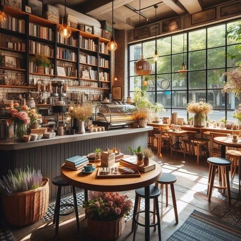 Tea Shop Interior Vintage, Cottagecore Coffee Shop Aesthetic, Cafe And Bakery Aesthetic, Bookstore Coffee Shop Ideas, French Inspired Coffee Shop, Cafe Decor Cozy, Book Cafe Ideas Coffee Shop, Coffee Library Aesthetic, Rustic Coffee Shop Design