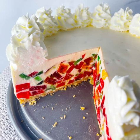 Jello Jewel Dessert, Broken Glass Cake Recipe, Crown Jewel Jello Dessert, Crown Jewel Dessert, Frozen Rainbow Cake, Cake With Jello Layer, Rainbow Jello Cake, Prism Cake, Broken Glass Cake