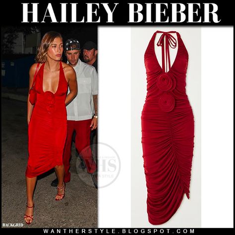 Hailey Bieber in red ruched midi dress magda butrym Hailey Bieber Red Dress, Magda Butrym Dresses, Hailey Bieber Style, Hailey Baldwin Style, Dress Night Out, Magda Butrym, Ruched Midi Dress, Hailey Baldwin, Halterneck Dress