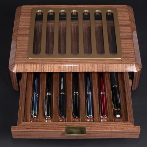 Exlusive Pen Display Box W Box for Collectible Pens Handmade - Etsy Pen Box Ideas, Coin Cabinet, Office Desk Organizer, Pen Display, Collection Storage, Pen Collection, Pen Storage, Pen Turning, Desk Organization Office