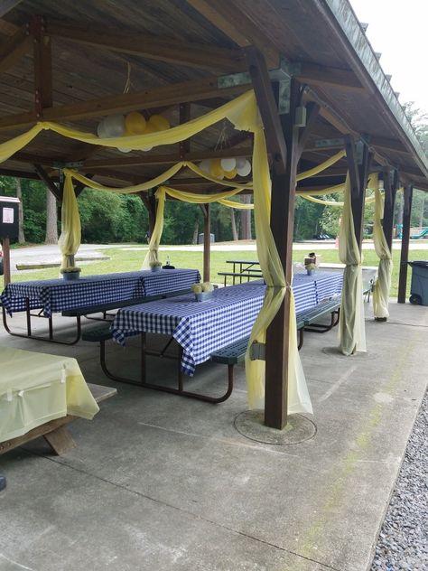 Covered Patio Party Decorations, Park Shelter Decorations Picnic Table, Park Ramada Birthday Decorations, Pavilion Party Ideas, Decorate Gazebo For Party, Pavilion Decorating Ideas Party, Baby Shower Pavilion Decorations, How To Decorate A Park Pavilion, Pavillion Birthday Party