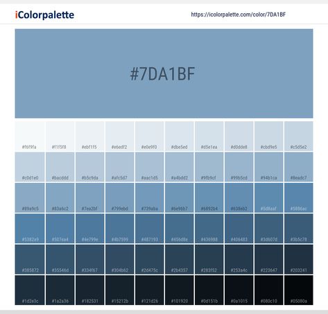 Color space information Pantone 16-4120 Tpx Dusk Blue Color | Hex color Code #7DA1BF. Similar Pantone Color name Information, Color Schemes, Light / Darkshades, Tones, Similar Colors , Preview the color and download Photoshop swatch and solid color background image Blue Color Hex, Pantone Color Book, Space Information, Rgb Color Codes, Hexadecimal Color, Hex Color, Dusk Blue, Hex Color Palette, Color Schemes Colour Palettes