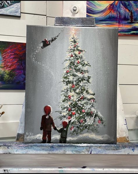 Christmas Art Painting Acrylic, Painting Ideas On Canvas Love, Christmas Painting Ideas On Canvas, Paintings Christmas, Christmas Canvas Art, Daisy Art, Painting Christmas, Lake Painting, Simple Canvas Paintings