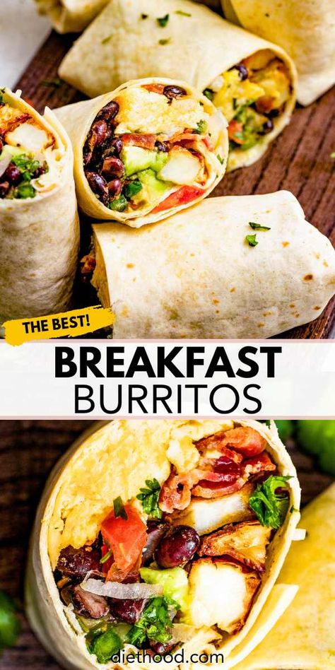 These breakfast burritos are so delicious and hearty featuring cheesy scrambled eggs, crispy bacon, roasted potatoes, and fresh pico de gallo all snugly wrapped in large flour tortillas. They’re packed with Mexican-inspired flavors and make the perfect grab-and-go breakfast Breakfast Burrito With Avocado, Burrito Breakfast Wrap, Avocado And Egg Breakfast, Pregnancy Dinners, Breakfast With Avocado, Breakie Ideas, Burrito Breakfast, Healthy Breakfast Wraps, Best Breakfast Burritos